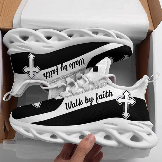 Jesus Walk By Faith Running Sneakers Black White Art Max Soul Shoes, Christian Soul Shoes, Jesus Running Shoes, Fashion Shoes
