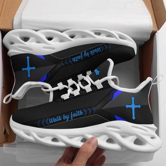 Jesus Walk By Faith Running Sneakers Blue Christ Black Max Soul Shoes, Christian Soul Shoes, Jesus Running Shoes, Fashion Shoes