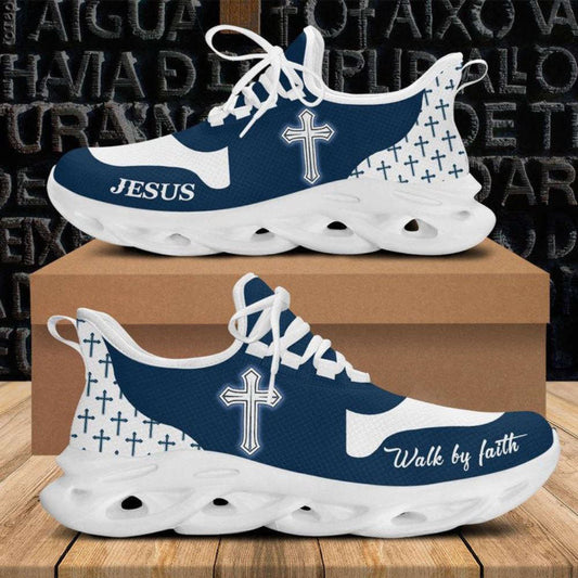 Jesus Walk By Faith Running Sneakers Blue White Max Soul Shoes, Christian Soul Shoes, Jesus Running Shoes, Fashion Shoes