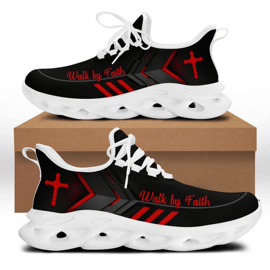 Jesus Walk By Faith Running Sneakers Red Black Art Max Soul Shoes, Christian Soul Shoes, Jesus Running Shoes, Fashion Shoes