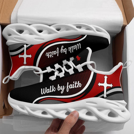 Jesus Walk By Faith Running Sneakers Red Black Max Soul Shoes, Christian Soul Shoes, Jesus Running Shoes, Fashion Shoes