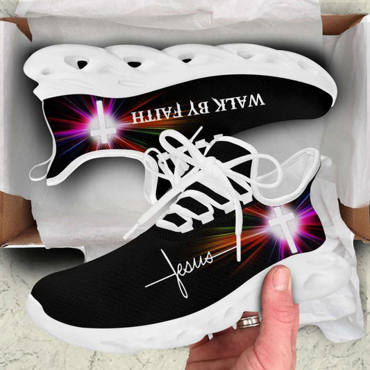 Jesus Walk By Faith Running Sneakers White Black Art Max Soul Shoes, Christian Soul Shoes, Jesus Running Shoes, Fashion Shoes