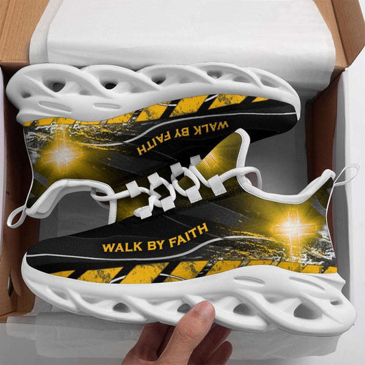 Jesus Walk By Faith Running Sneakers Yellow Max Soul Shoes, Christian Soul Shoes, Jesus Running Shoes, Fashion Shoes