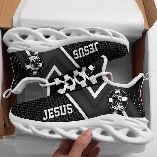 Jesus White And Black Running Sneakers Max Soul Shoes, Christian Soul Shoes, Jesus Running Shoes, Fashion Shoes