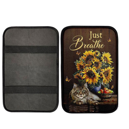 Just Breathe Rose Vase Tea Pot Center Console Armrest Pad, Bible Verse Seat Box Cover, Christian Interior Car Accessories