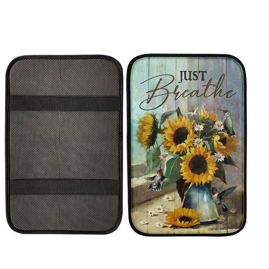 Just Breathe Sunflower Cat Center Console Armrest Pad, Bible Verse Seat Box Cover, Christian Interior Car Accessories