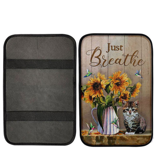 Just Breathe Sunflower Vase Hummingbird Center Console Armrest Pad, Christian Art, Bible Verse Interior Car Accessories