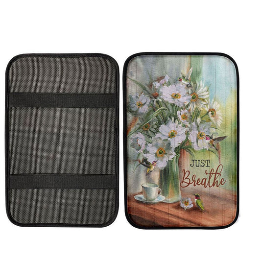 Just Breathe White Flower Hummingbird Center Console Armrest Pad, Bible Verse Seat Box Cover,Religious Interior Car Accessories