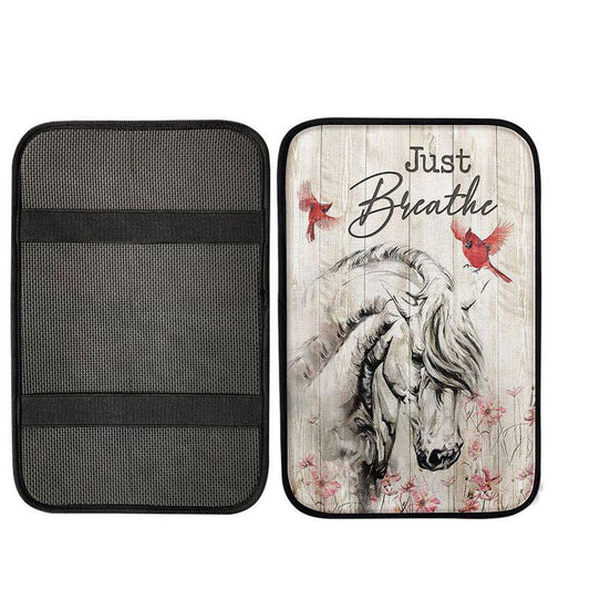 Just Breathe White Horse Red Cardinal Center Console Armrest Pad, Bible Verse Seat Box Cover,Religious Interior Car Accessories