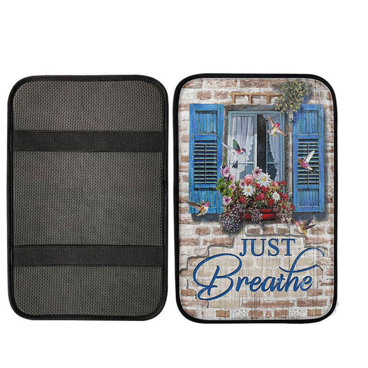 Just Breathe Window Flower Hummingbird Center Console Armrest Pad, Bible Verse Seat Box Cover,Religious Interior Car Accessories