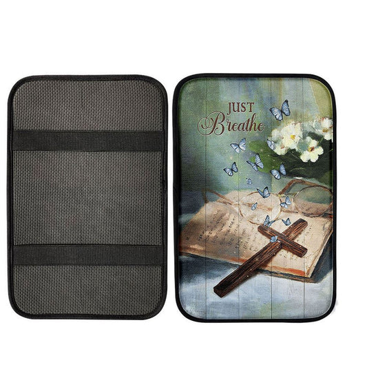Just Breathe Wooden Cross Bible Center Console Armrest Pad, Christian Seat Box Cover, Religious Interior Car Accessories