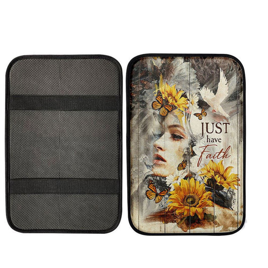 Just Have Faith Beautiful Girl Sunflower Center Console Armrest Pad, Christian Seat Box Cover, Bible Verse Interior Car Accessories