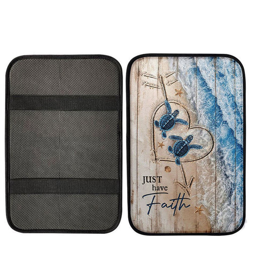 Just Have Faith Blue Turtle Center Console Armrest Pad, Bible Verse Seat Box Cover, Inspirational Art