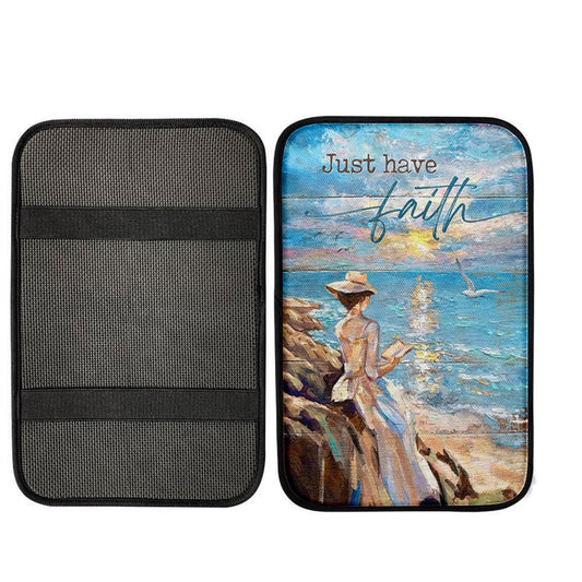 Just Have Faith Lady Reading Book Center Console Armrest Pad, Bible Verse Seat Box Cover,Religious Interior Car Accessories