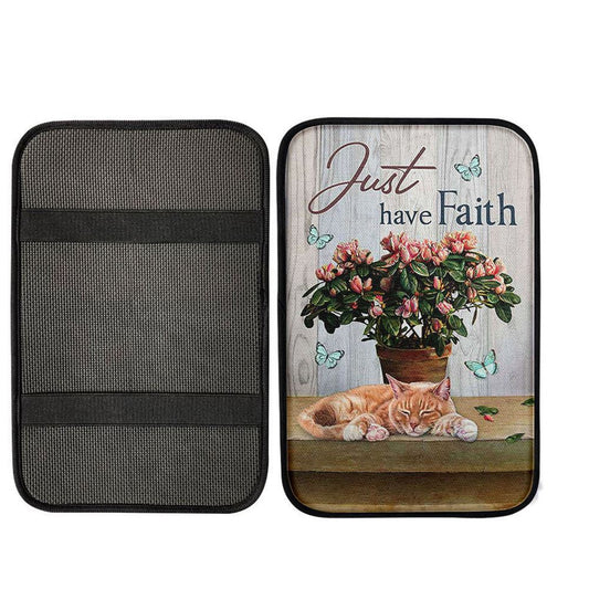 Just Have Faith Pink Flower Sleeping Cat Center Console Armrest Pad, Bible Verse Seat Box Cover,Religious Interior Car Accessories