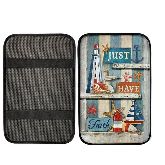 Just Have Faith Pretty Lighthouse Ocean Center Console Armrest Pad, Bible Verse Seat Box Cover,Religious Interior Car Accessories