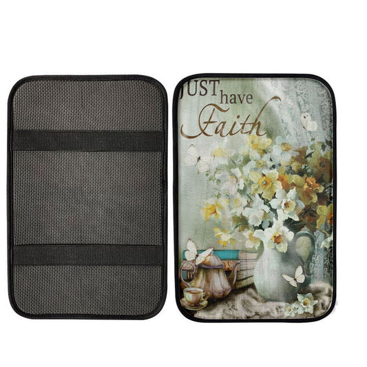Just Have Faith Vase Flower Butterfly Center Console Armrest Pad, Christian Seat Box Cover, Bible Verse Interior Car Accessories