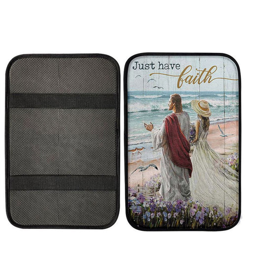 Just Have Faith Walk With Jesus Blue Ocean Center Console Armrest Pad, Christian Seat Box Cover, Bible Verse Interior Car Accessories