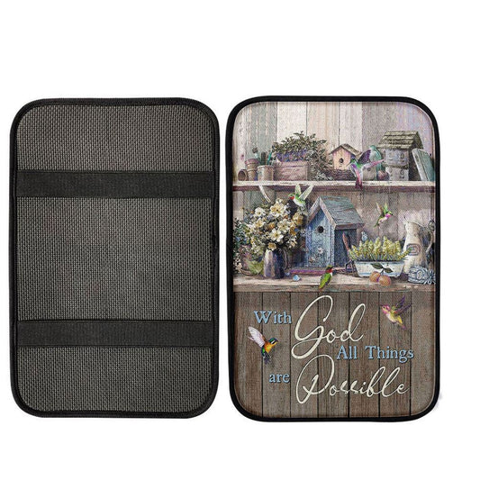 Kitchen Flowers Hummingbird With God All Things Are Possible Center Console Armrest Pad, Religious Seat Box Cover, Bible Interior Car Accessories