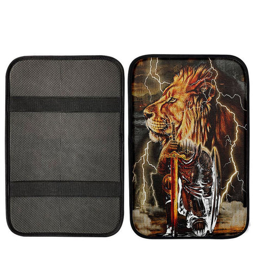 Knight Kneel In Front Of Lion Jesus Christ Warrior Center Console Armrest Pad, Christian Seat Box Cover, Religious Interior Car Accessories