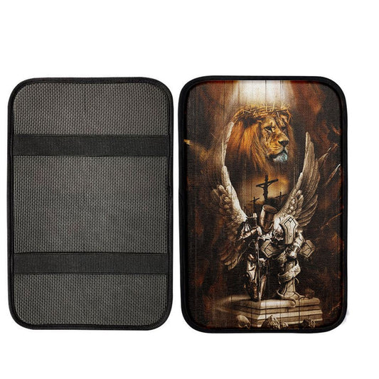 Knight Lion Of Judah Jesus On The Cross Center Console Armrest Pad, Lion Seat Box Cover, Christian Interior Car Accessories
