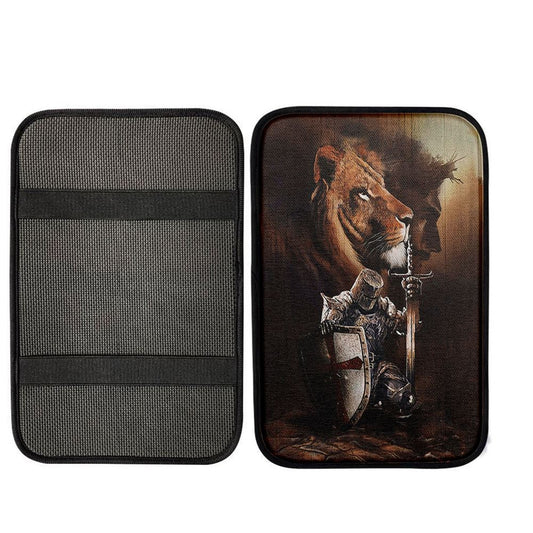 Knight Of God Lion Of Judah Serving The Lord Center Console Armrest Pad, Lion Seat Box Cover, Christian Interior Car Accessories