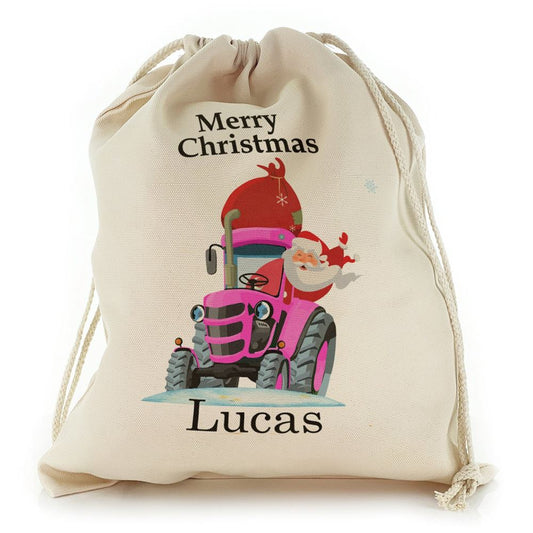 Merry Christmas Name and Santa Pink Tractor Christmas Sack, Christmas Bag Gift, Christmas Tree Decoration Ideas, Christmas Gift 2023