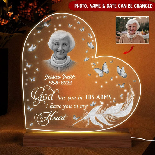 Mother's Day Led Night Light, God has you in his arms I have you in my heart, Personalized Memorial Photo LED Lamp Night Light