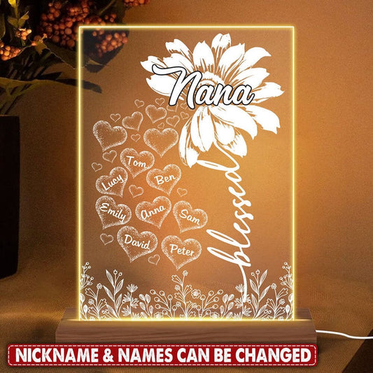 Mother's Day Led Night Light, Personalized Blessed Nana, Grandma With Grandkids Flower Custom Acrylic Plaque Led Lamp Night Light