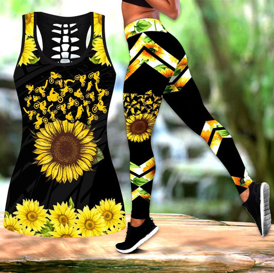 Motorbycle Sunflower Hollow Tanktop Leggings, Sports Clothes Style Hippie For Women, Gift For Yoga Lovers
