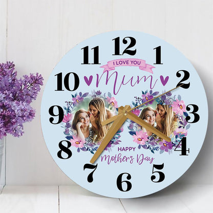 Mum Mother's Day Gift Blue Flower Photos Personalised Wooden Clock, Mother's Day Wooden Clock, Memorial Day Gift