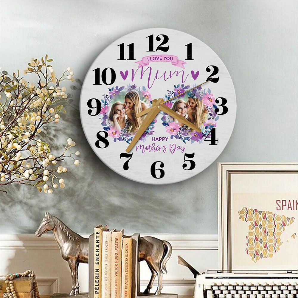Mum Mother's Day Gift Grey Flower Photos Personalised Wooden Clock, Mother's Day Wooden Clock, Memorial Day Gift