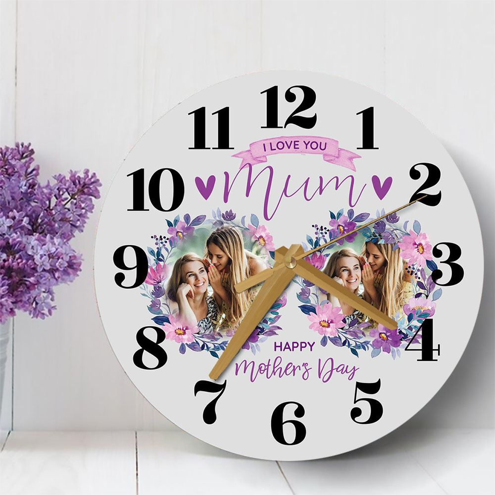 Mum Mother's Day Gift Grey Flower Photos Personalised Wooden Clock, Mother's Day Wooden Clock, Memorial Day Gift