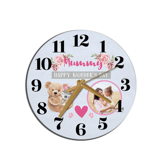 Mummy Mother's Day Gift Bear Photo Blue Personalised Wooden Clock, Mother's Day Wooden Clock, Memorial Day Gift