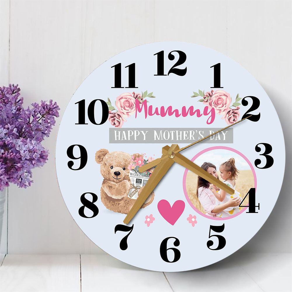 Mummy Mother's Day Gift Bear Photo Blue Personalised Wooden Clock, Mother's Day Wooden Clock, Memorial Day Gift