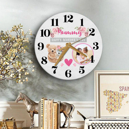 Mummy Mother's Day Gift Bear Photo Grey Personalised Wooden Clock, Mother's Day Wooden Clock, Memorial Day Gift
