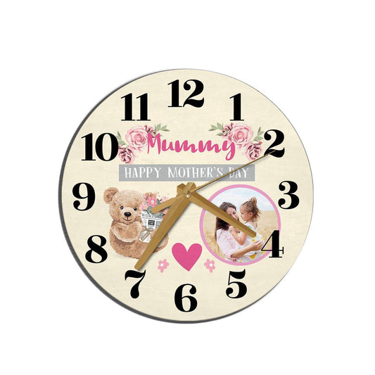 Mummy Mother's Day Gift Bear Photo Yellow Personalised Wooden Clock, Mother's Day Wooden Clock, Memorial Day Gift