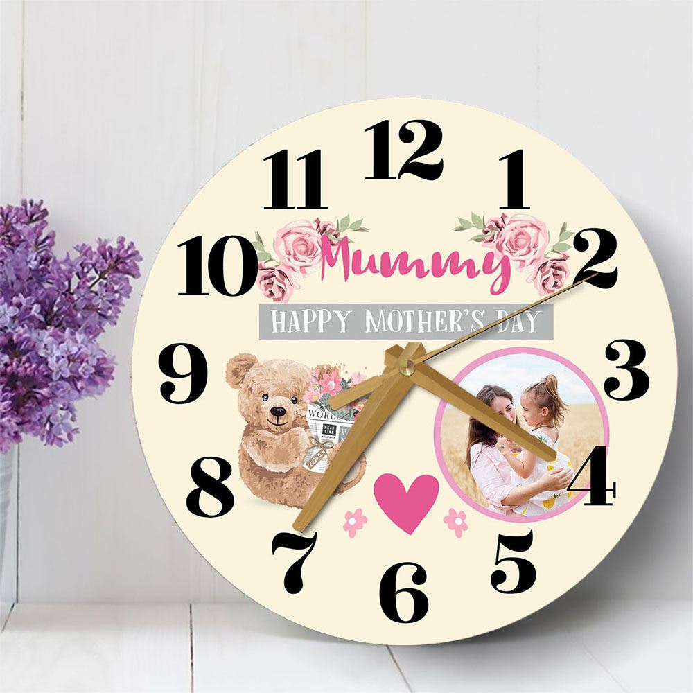 Mummy Mother's Day Gift Bear Photo Yellow Personalised Wooden Clock, Mother's Day Wooden Clock, Memorial Day Gift