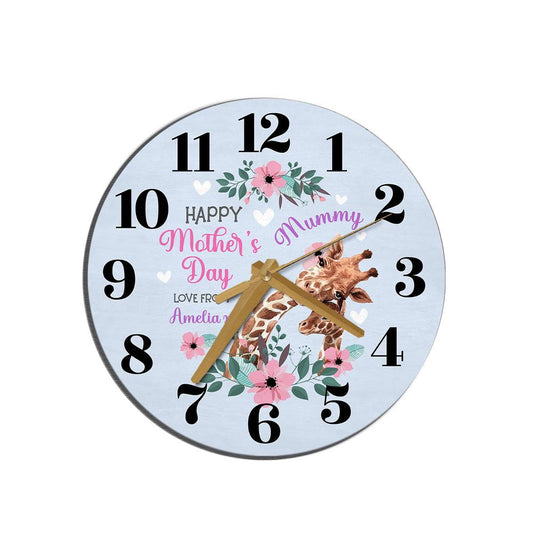 Mummy Mother's Day Gift Giraffe Blue Personalised Wooden Clock, Mother's Day Wooden Clock, Gift For Mom