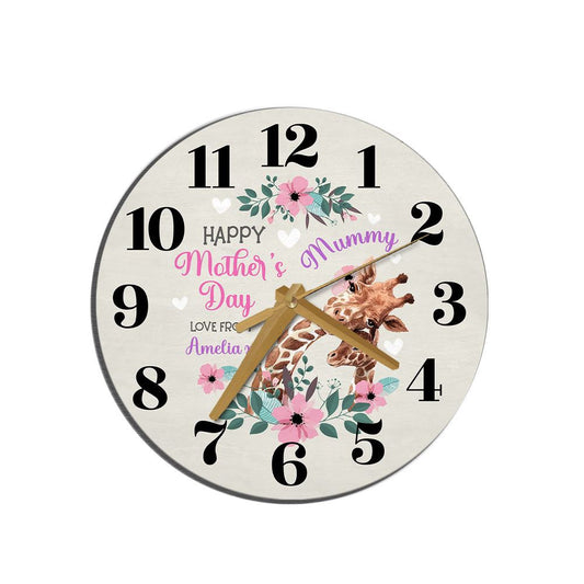 Mummy Mother's Day Gift Giraffe Neutral Personalised Wooden Clock, Mother's Day Wooden Clock, Gift For Mom