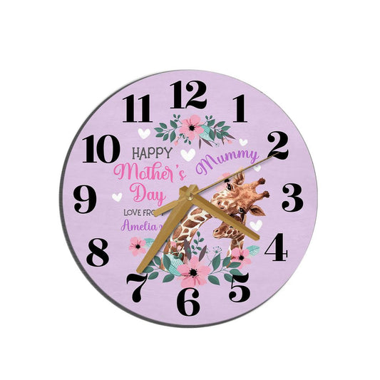 Mummy Mother's Day Gift Giraffe Purple Personalised Wooden Clock, Mother's Day Wooden Clock, Gift For Mom