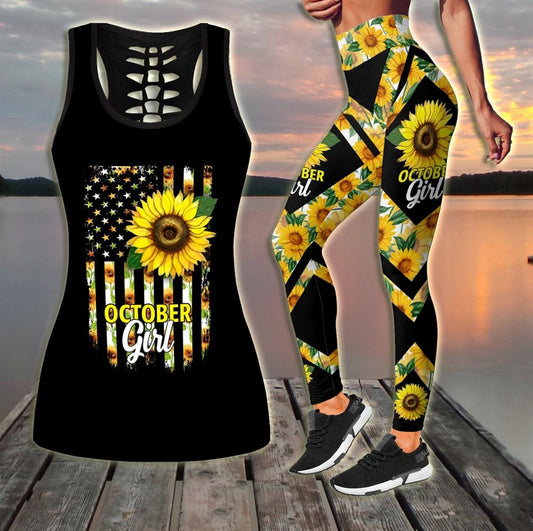 October Girl Sunflower Hollow Tanktop Leggings, Sports Clothes Style Hippie For Women, Gift For Yoga Lovers