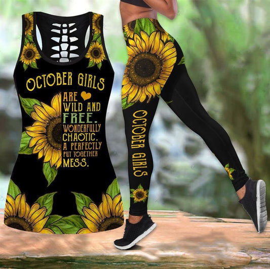 October Girl With Sunflower Hollow Tanktop Leggings, Sports Clothes Style Hippie For Women, Gift For Yoga Lovers