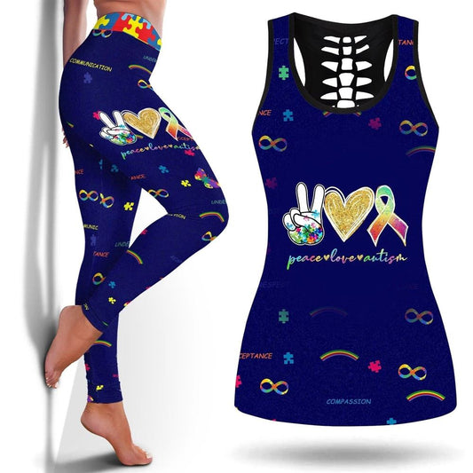 Peace Love Autism Autism Awearness Hollow Tanktop Leggings, Sports Clothes Style Hippie For Women, Gift For Yoga Lovers