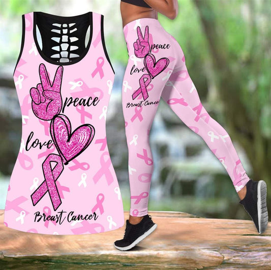 Peace Love Breast Cancer Hollow Tanktop Leggings, Sports Clothes Style Hippie For Women, Gift For Yoga Lovers