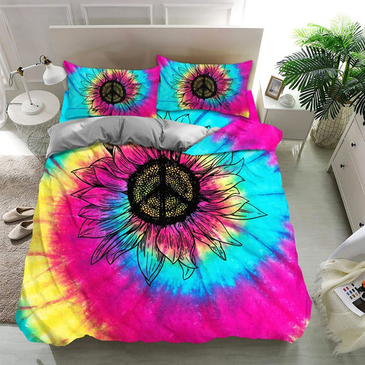 Peace Tie Dye Quilt Bedding Set, Boho Bedding Set, Soft Comfortable Quilt, Hippie Home Decor