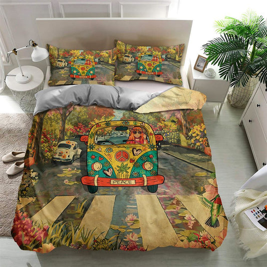 Peace Vans Hippie Quilt Bedding Set, Boho Bedding Set, Soft Comfortable Quilt, Hippie Home Decor