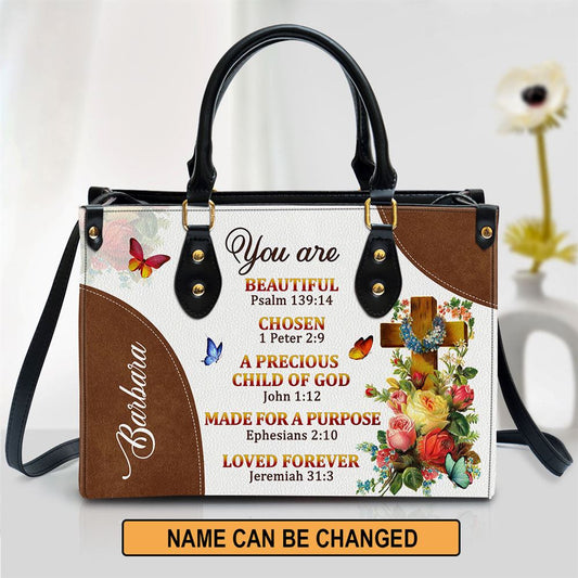 Personalized A Precious Child Of God Leather Handbag Roses And Cross, Gift For Christian Women, Church Bag, Religious Bag