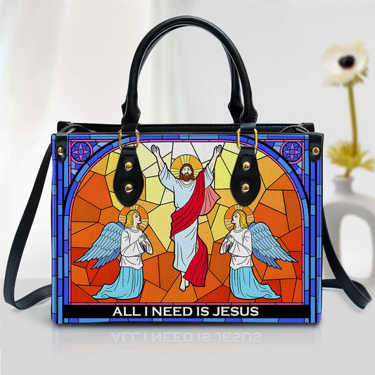 Personalized All I Need Is Jesus Christian Inspirational Zippered Leather Handbag With Handle, Gift For Christian Women, Church Bag, Religious Bag