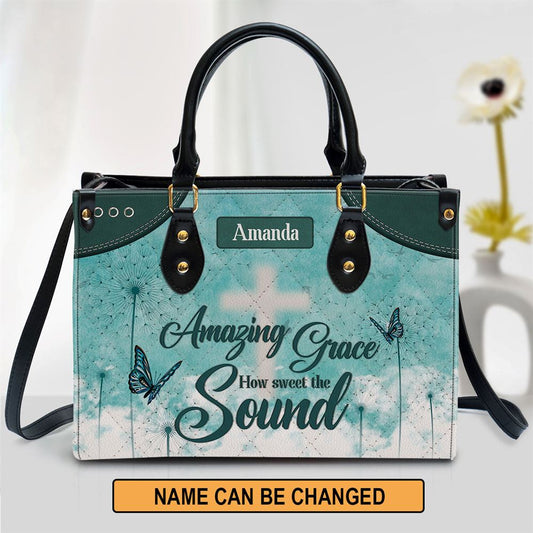 Personalized Amazing Grace Leather Handbag, Custom Name Dandelion Leather Handbag, Gift For Christian Women, Church Bag, Religious Bag